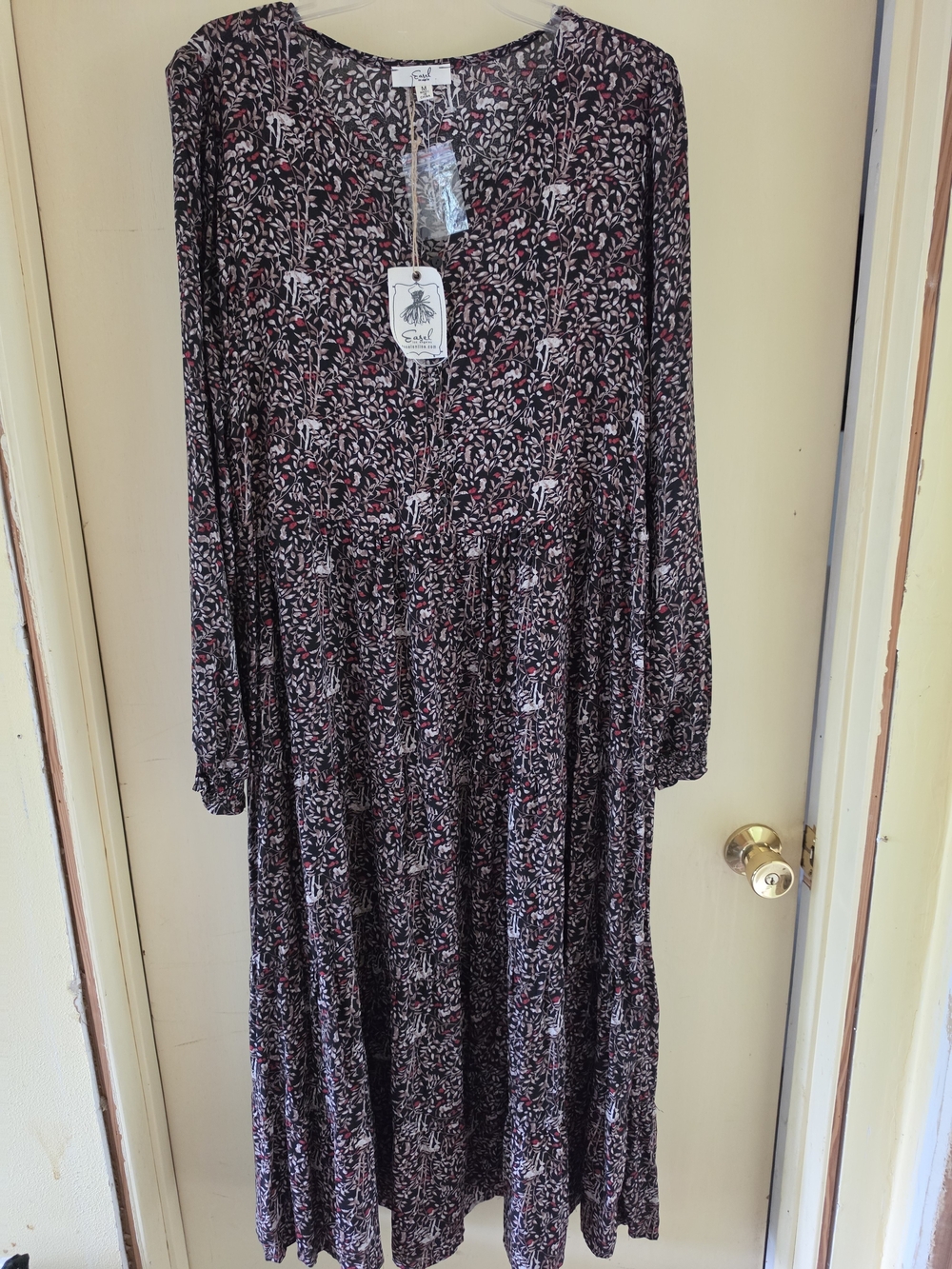 NWT Easel Mushroom Floral Tiered Maxi Dress Black Boho Cottagecore Size MED